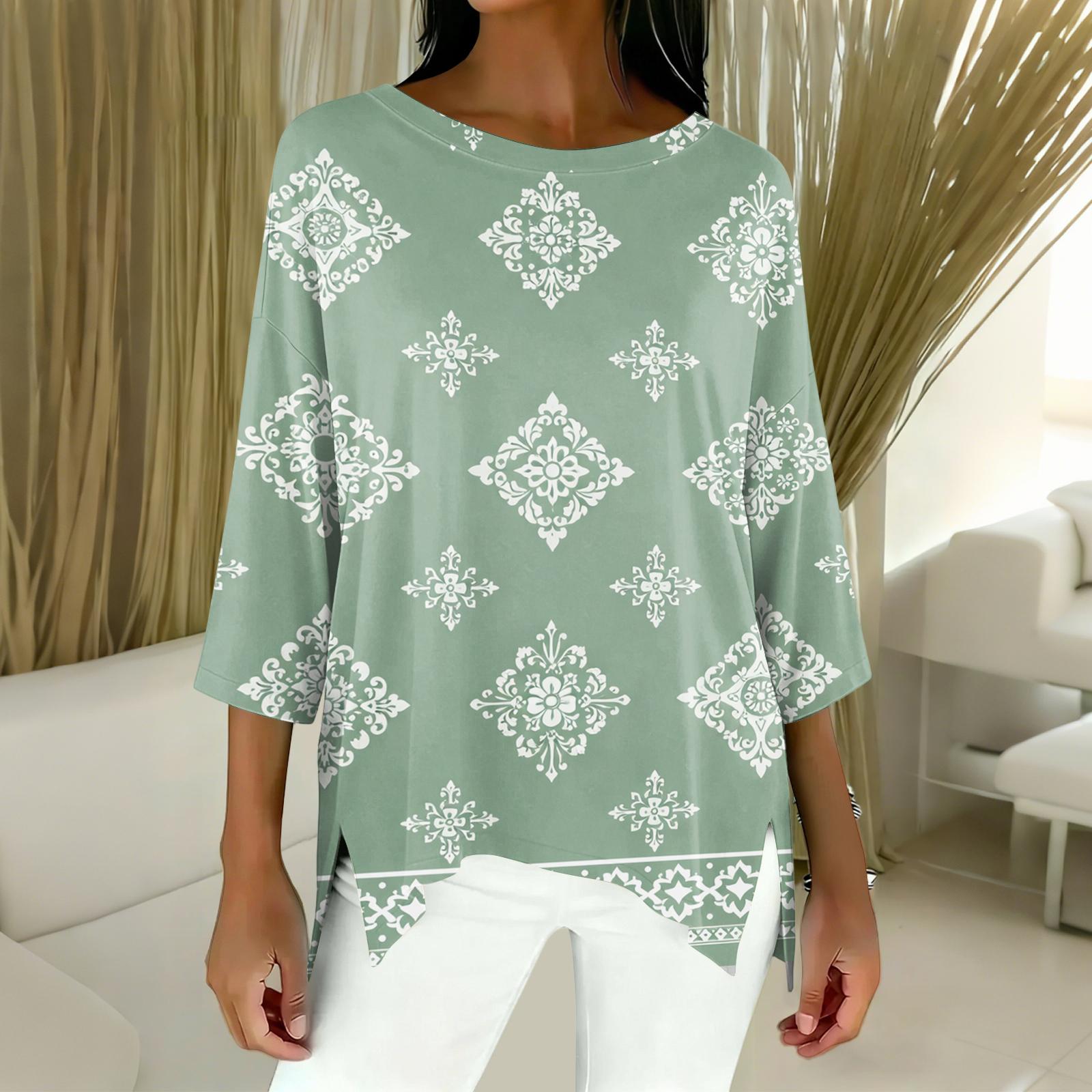 Women s Fashion Vintage Print Three-Quarter Sleeve Blouse L циан