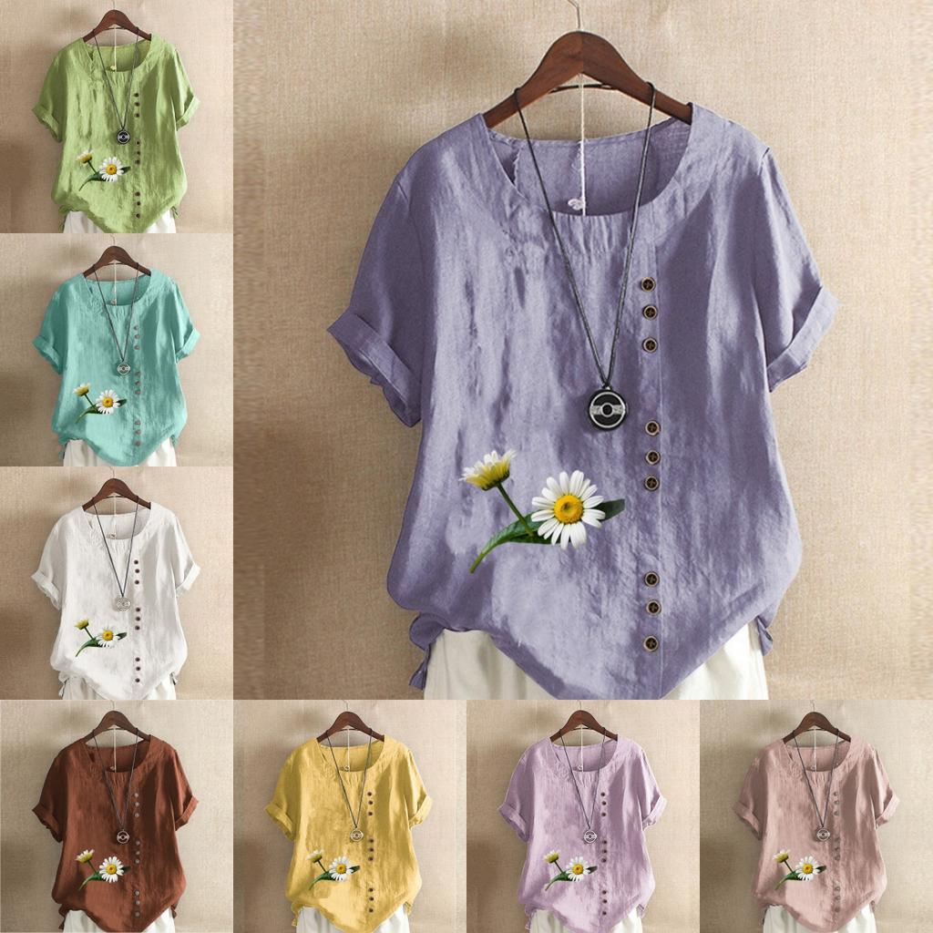 Women's Fashion Round Neck Short Sleeve T-shirt Casual Cotton Linen Graphic Shirt Chrysanthemum Prined Summer Blouse Tops Plus Size