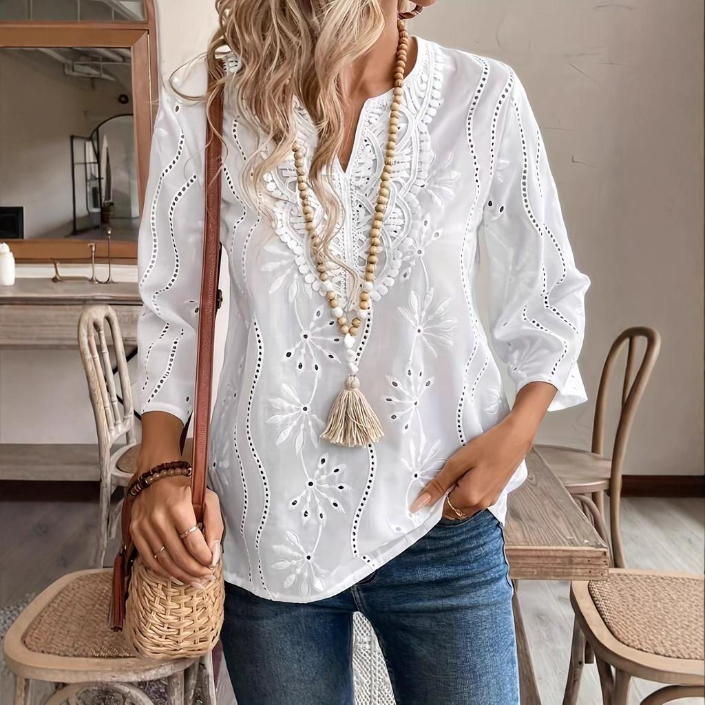 2025 European and American spring and summer new women's tops loose V-neck lace embroidered shirts