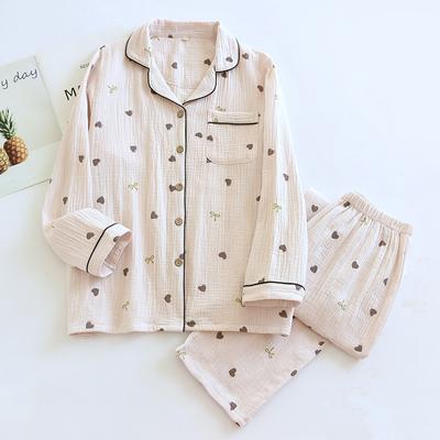 Nuevo conjunto de pijama de primavera y verano para mujer, 100 % algodón crepé, bonito pantalón de manga larga con estampado de amor, conjunto de dos piezas, cárdigan, ropa de casa.