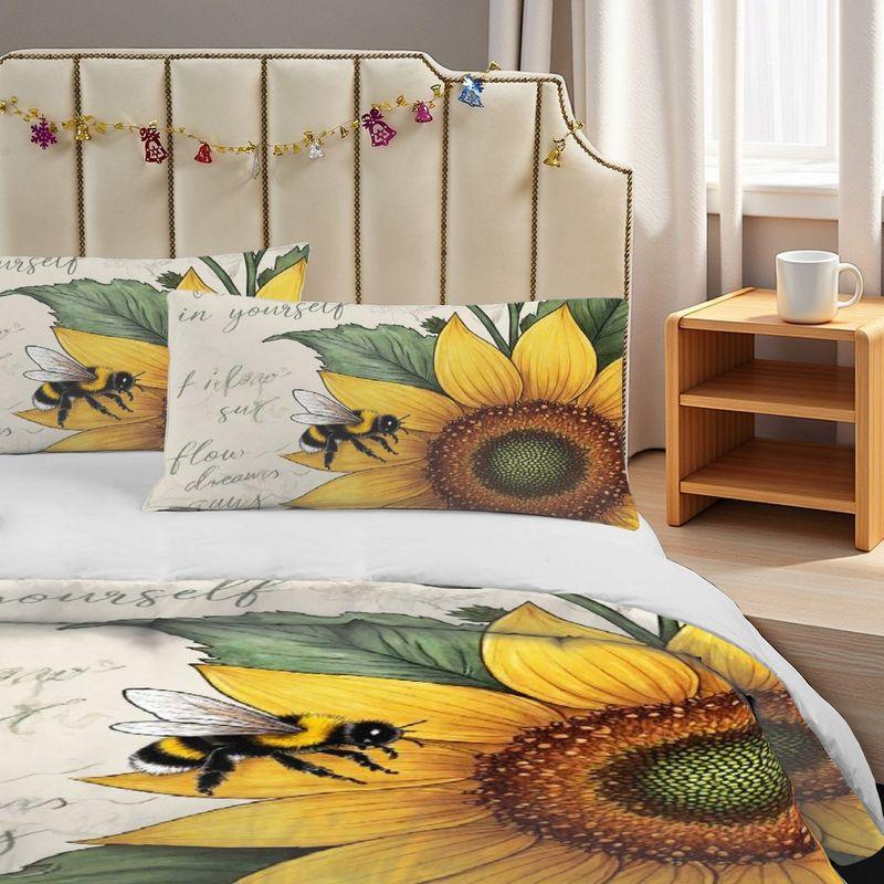 Pillowcase Quilt Cover 3-Piece Bedding Watercolor Style,Sunflower,Bee Pattern,Washable,Suitable For Bedroom Decoration