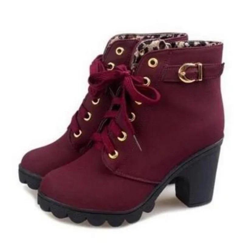Autumn/Winter   New High Heel Women's Boots Cross Tie Short Boots Thick Heel Leather Boots