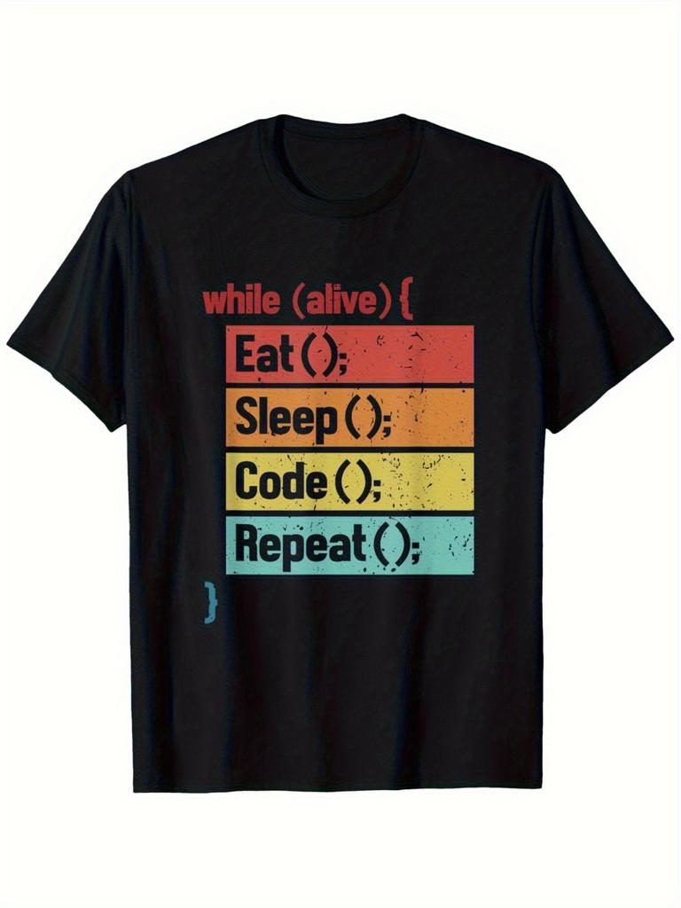 Eating, sleeping, repetitive coding, full-stack programmers software developers T-shirt unisex cotton casual short-sleeved sh...