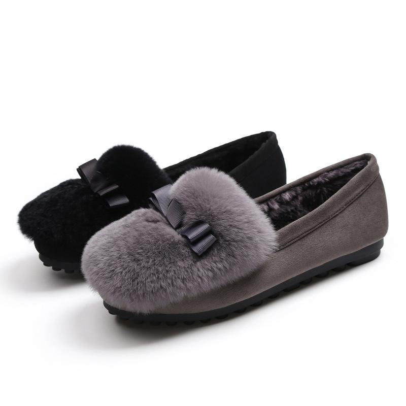 Mode 2025 Winter Plüsch Fell Ballerinas Schuhe Frau Kaninchenhaar Schleife Mokassins Warme Wolle Slipper Femme Büro Kleiderschuhe Damen Fellstiefel