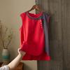 Women Color Block Sleeveless Top Round Neck Side Button Casual Loose Fit Linen Blend Tank Top