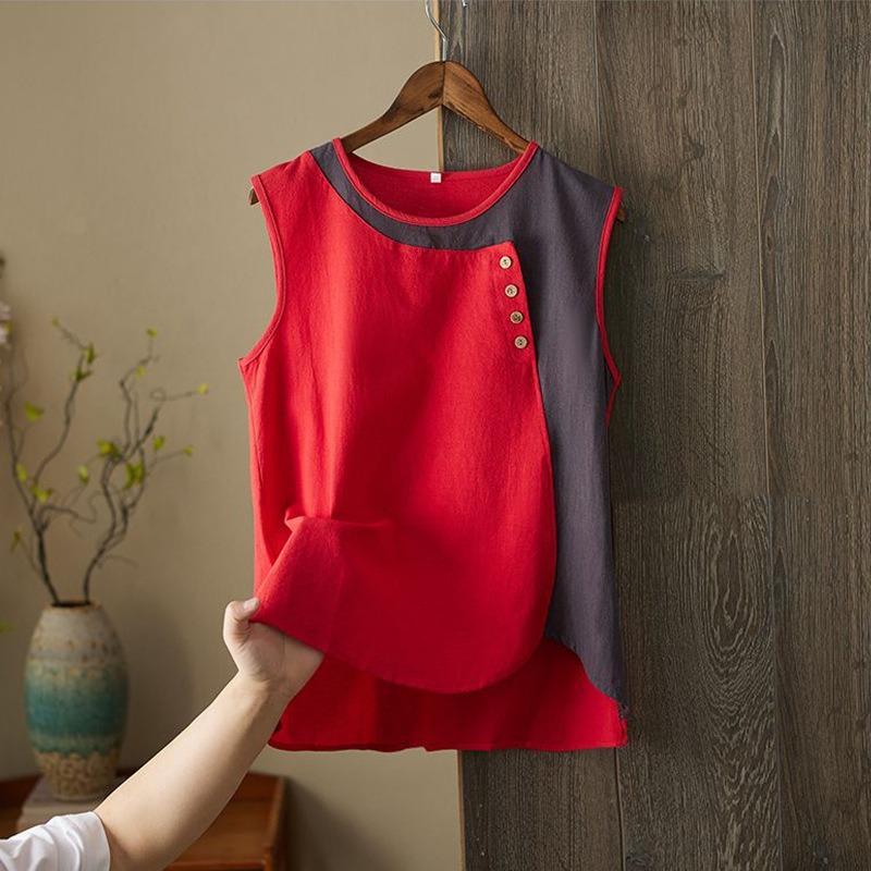 Women Color Block Sleeveless Top Round Neck Side Button Casual Loose Fit Linen Blend Tank Top