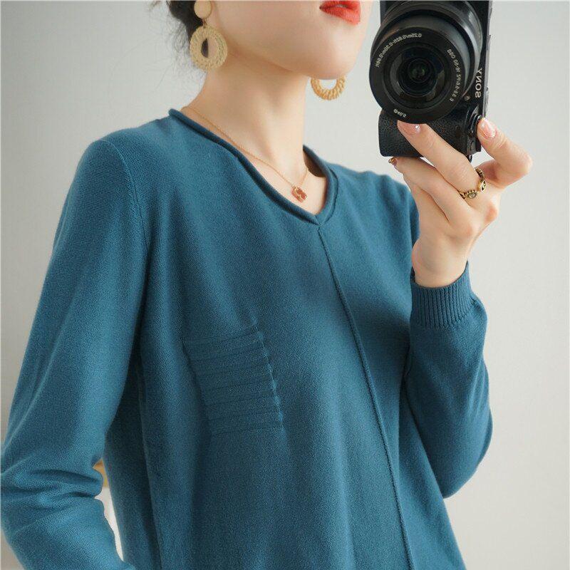 Baumwollpullover im koreanischen Stil mit gerolltem Saum und Rundhalsausschnitt für Damen, langärmlig und locker geschnitten