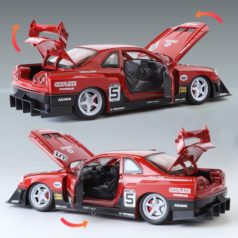 1/24 Scale Cool Nissan GTR Alloy Sports Car Model, Simulated Interior Details, Cool Lighting and Sound Effects, Four-wheel Shock Absorption
