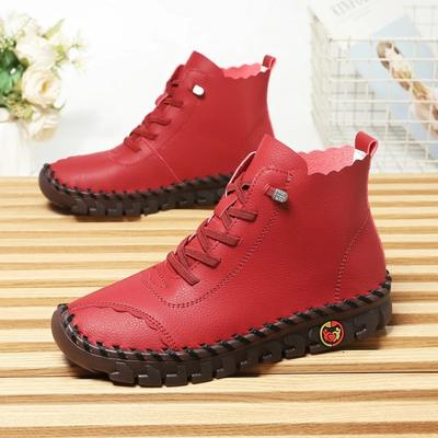 Women Shoes Autumn Red Leather Loafers for Women Lace Up Sneakers Casual Platform Women's Ankle Boots Winter High Top Sneakers