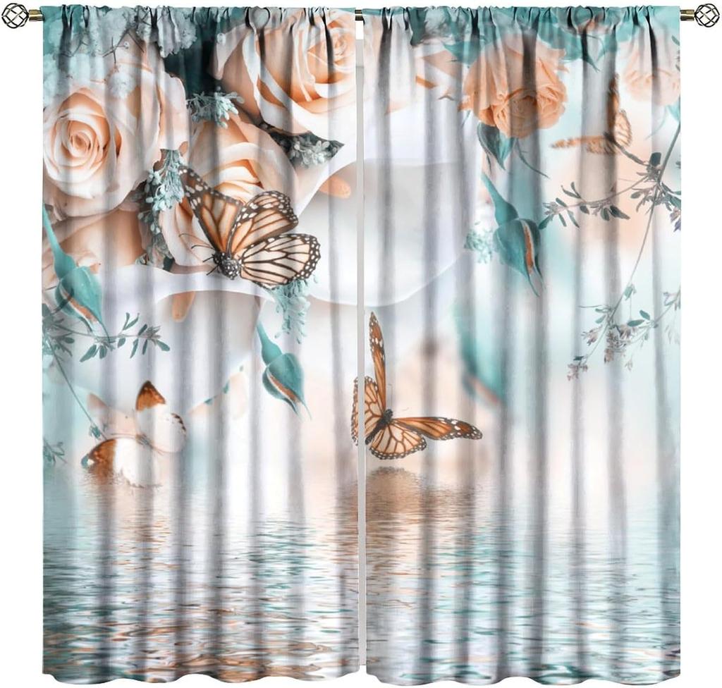 Blue Flower Butterfly Curtains Girls Boy Home Decor Spring Plant Daisy Floral Pattern Drapes Window Curtain With Rod Pocket Polyester