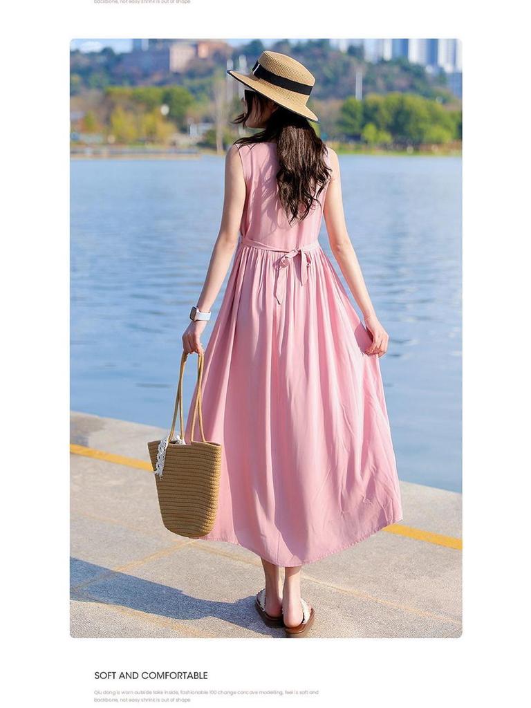 New Women's Summer Sleeveless French Silk-Cotton Beach Dress