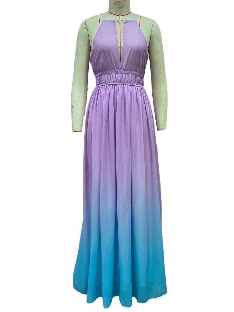 2025 Women's Gradient Deep V Evening Gown - European/American Style with Waist-Gathering & Big Swing