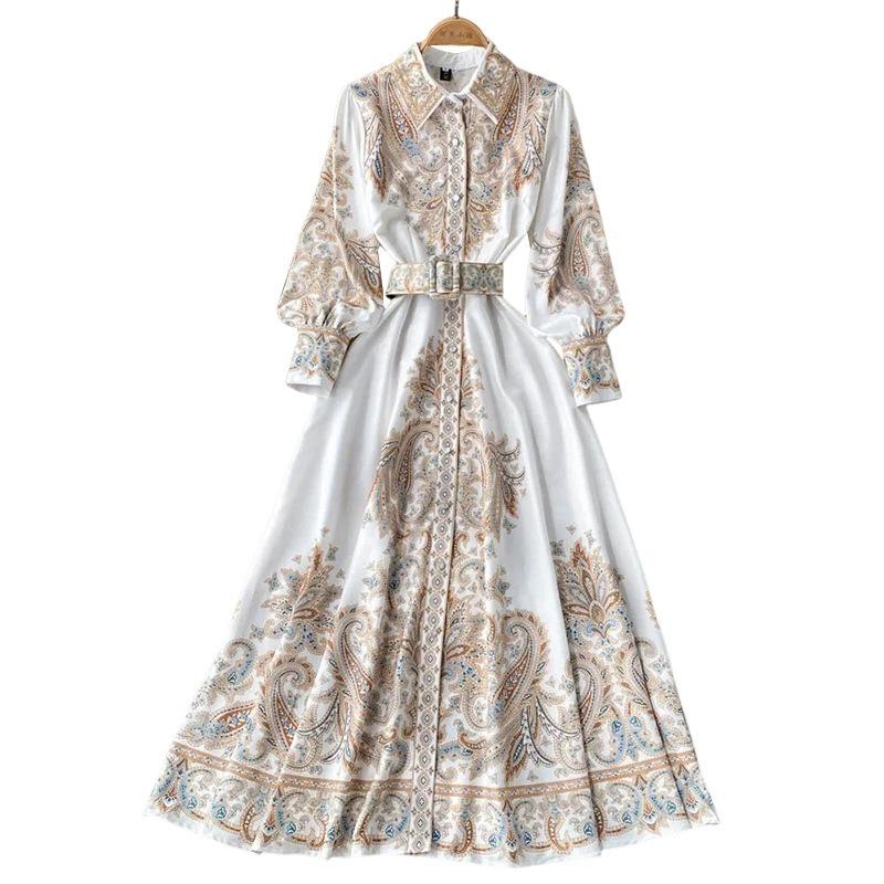 Women Long Sleeve Printed Bohemia Casual Vacation Midi A Line Dress