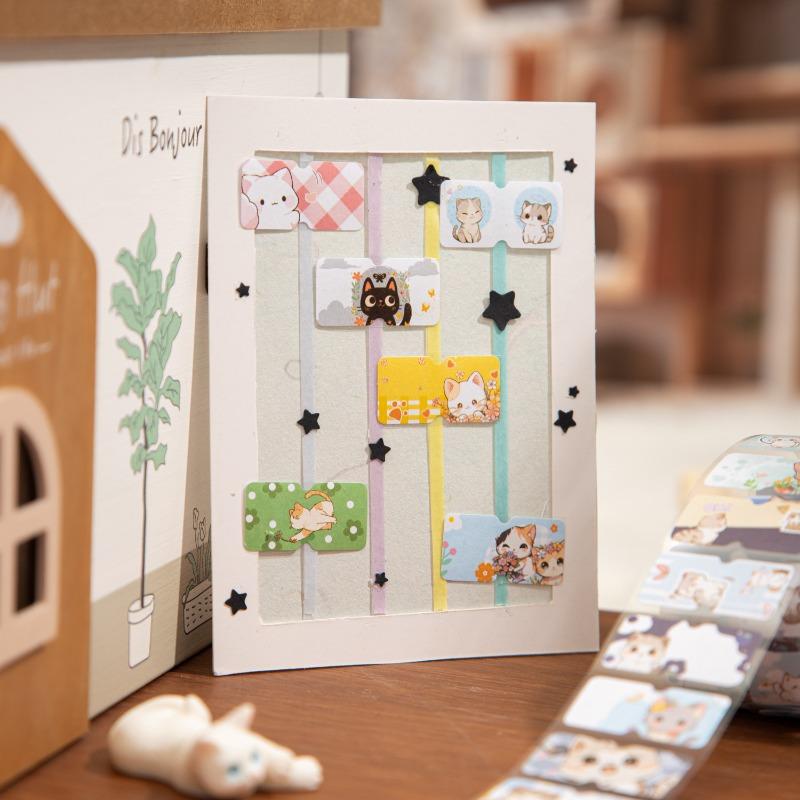 1 Roll Kawill Cartoon Kitten Scrapbook Journal Sticker Sweet Cat Stationery Label Seal Sticker DIY Decor For Student Supplies