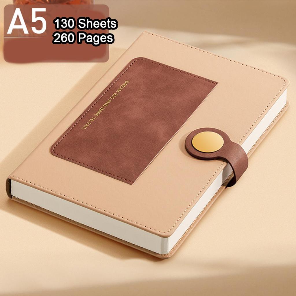 A5 Leather Student Subject Notebook, Buckle Office Notepad, Business Meeting Record Book, Travel Log, Diary, 130 Sheets 260 Pages