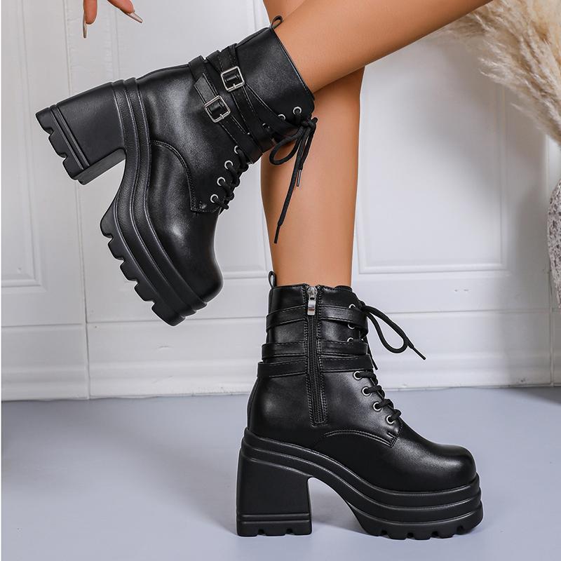 Women's Gothic Platform Chunky High Heel Ankle Boots Black Buckle Strap Lace Up Zipper Motorcycle Boots Woman Punk Style Shoes