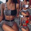 Women High Waist Bikini Set Leopard Pactchwork Halter Swimsuit Buckle Two Pieces Bathing Suit
