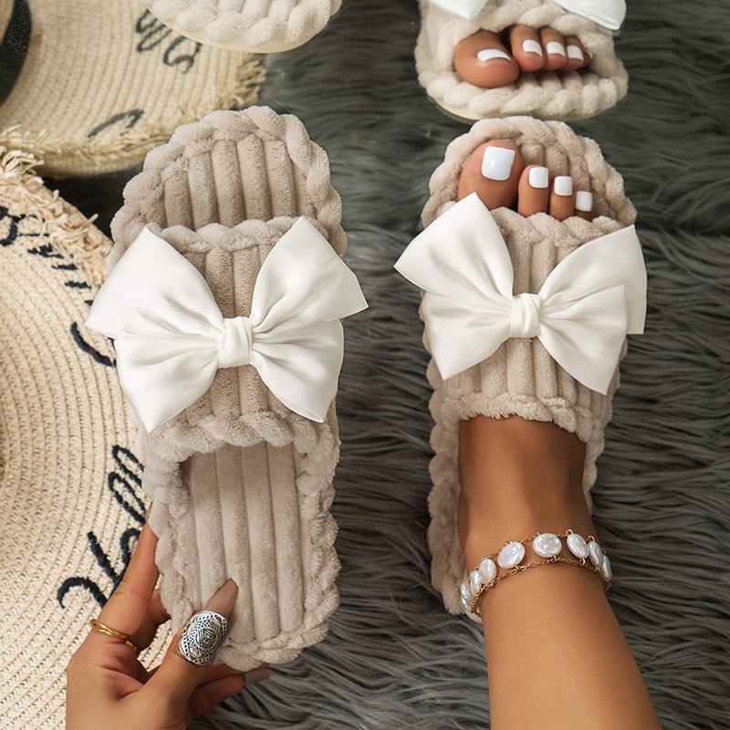 Fashion Bowknot Decor Flat Home Slippers Women Indoor Corduroy Soft Sole House Slides Shoes Woman Non Slip Open Toe Cotton Slippers