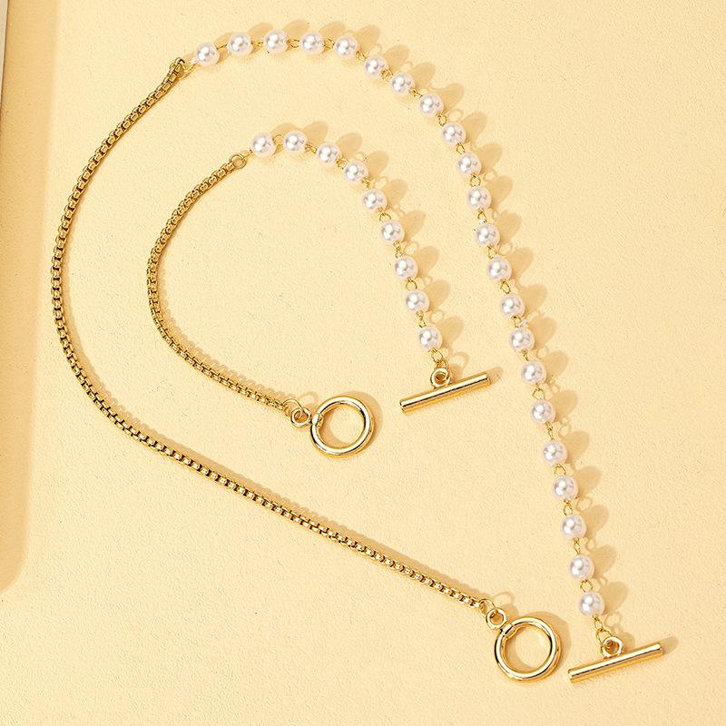 2pcs Elegant Imitation Pearl Beaded Choker Necklaces Bracelet Set for Women  OT Buckle Wedding Party Jewelry Set Gift