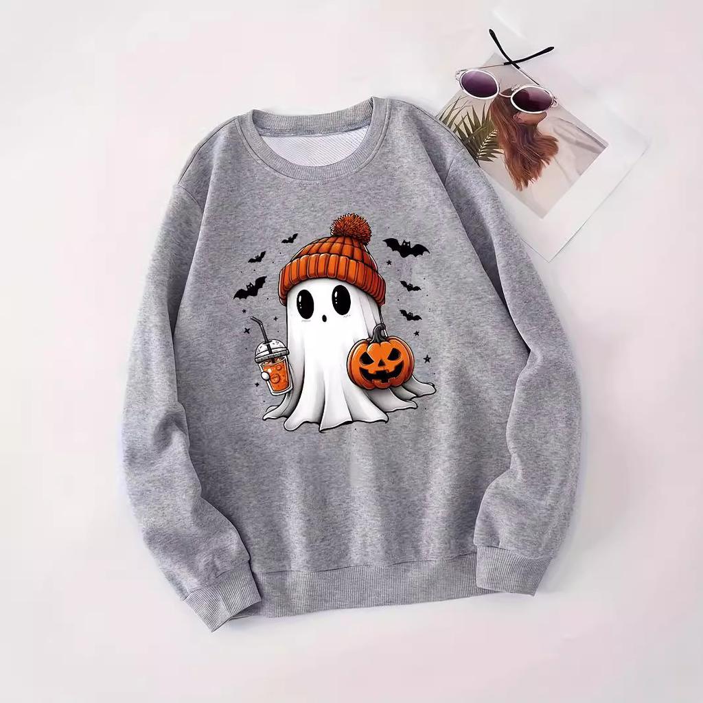 New 2025 European and American Halloween cute ghost print versatile crew neck casual long-sleeved sweater