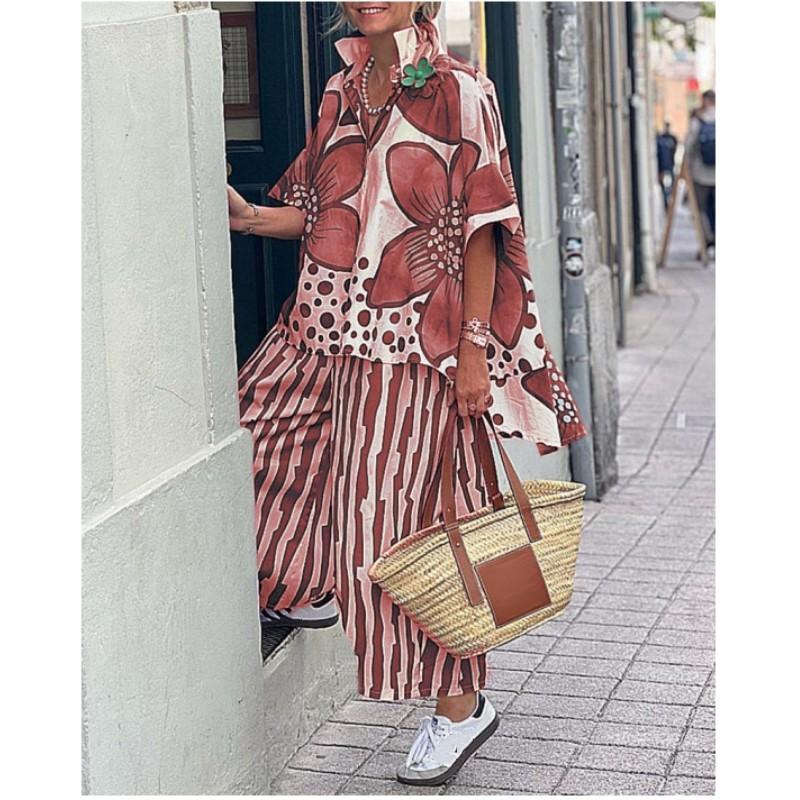 Women's Summer Floral Print Loose Two-Piece Set Short Sleeve Lapel Top + Wide Leg Pants Casual Set