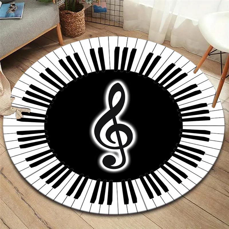 Black and white music keys Round Area Rug,Carpet Rug for Living Room Bedroom Sofa Playroom Decor,Non-slip Floor Mat