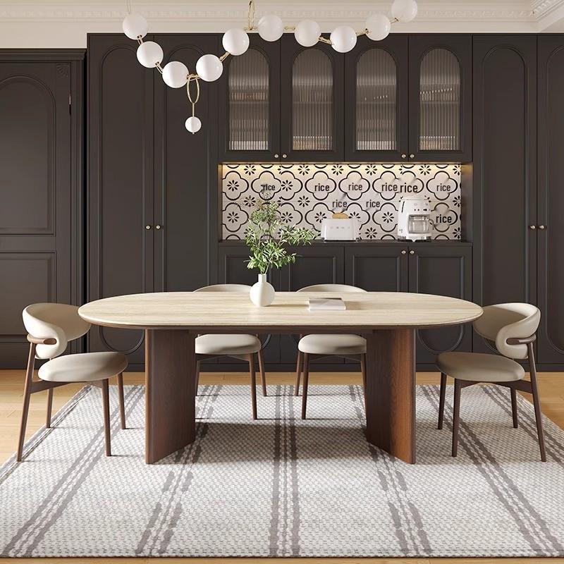 Mid-Century Style Oval Travertine Dining Table & Chair Set with French Solid Wood