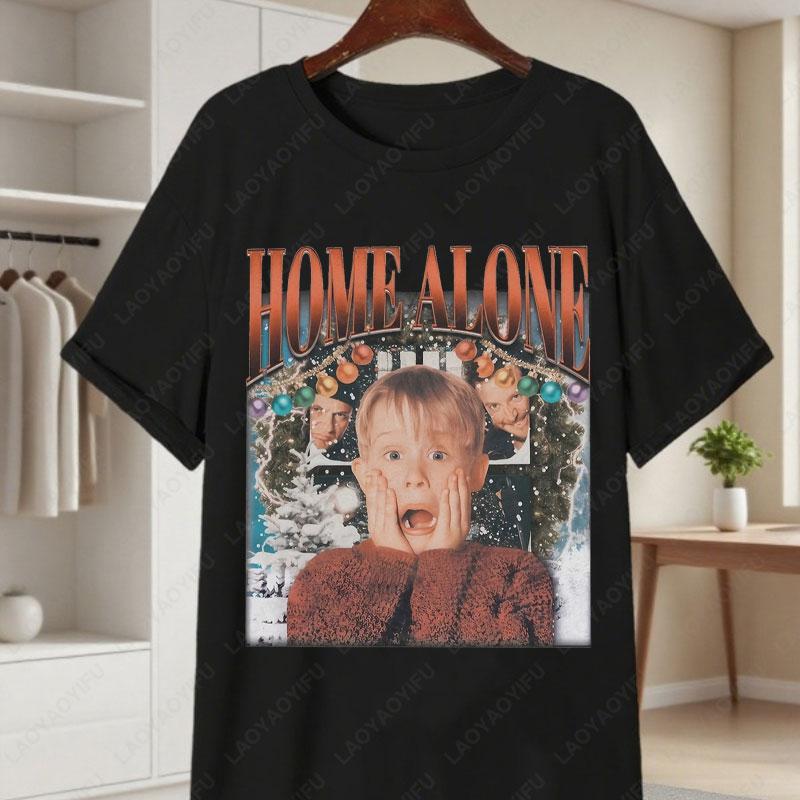 Fun Home Alone TShirt Kevin McCallister Wet Bandits Black Casual Round Neck Tees Nostalgic 90s Film Apparel Women Cotton Tops