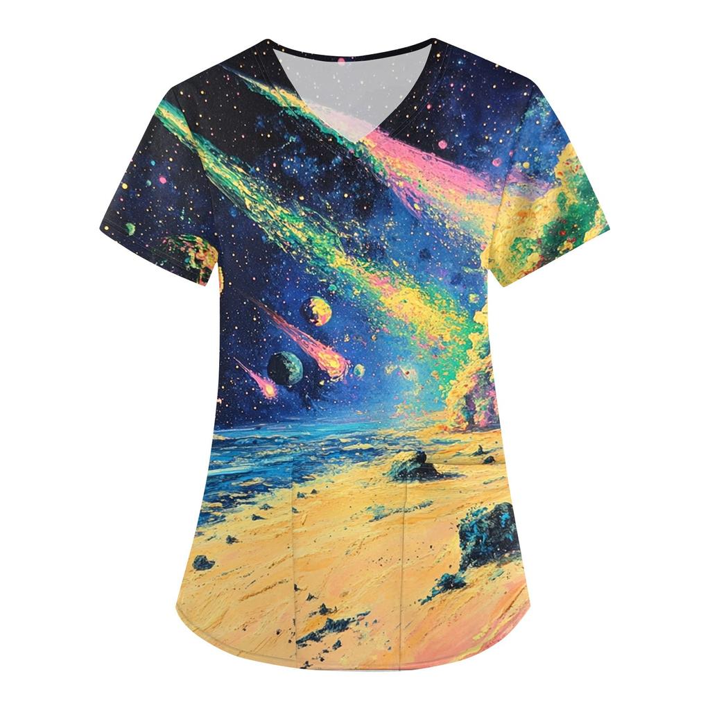 Women's Printed Uniform Work Uniform V-Neck Pocket Protective Uniform Protective Uniform