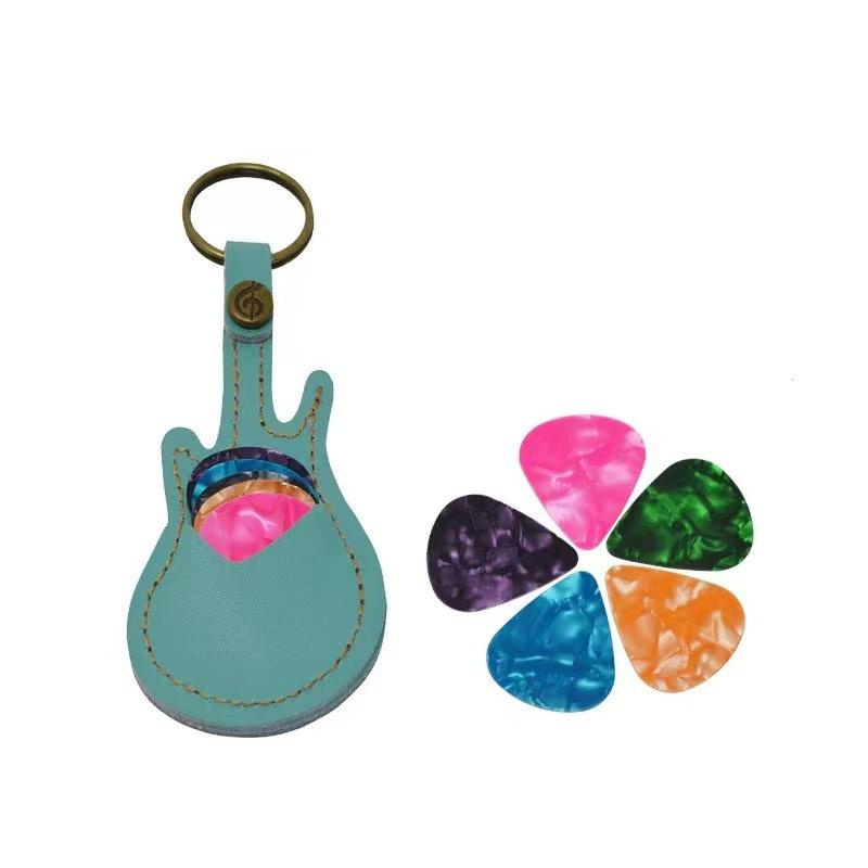 1pc Leather Guitar Pick Bag Guitar Pick Holder Case Guitar Shape with Key Ring Celluloid Picks String Instrument Accessories