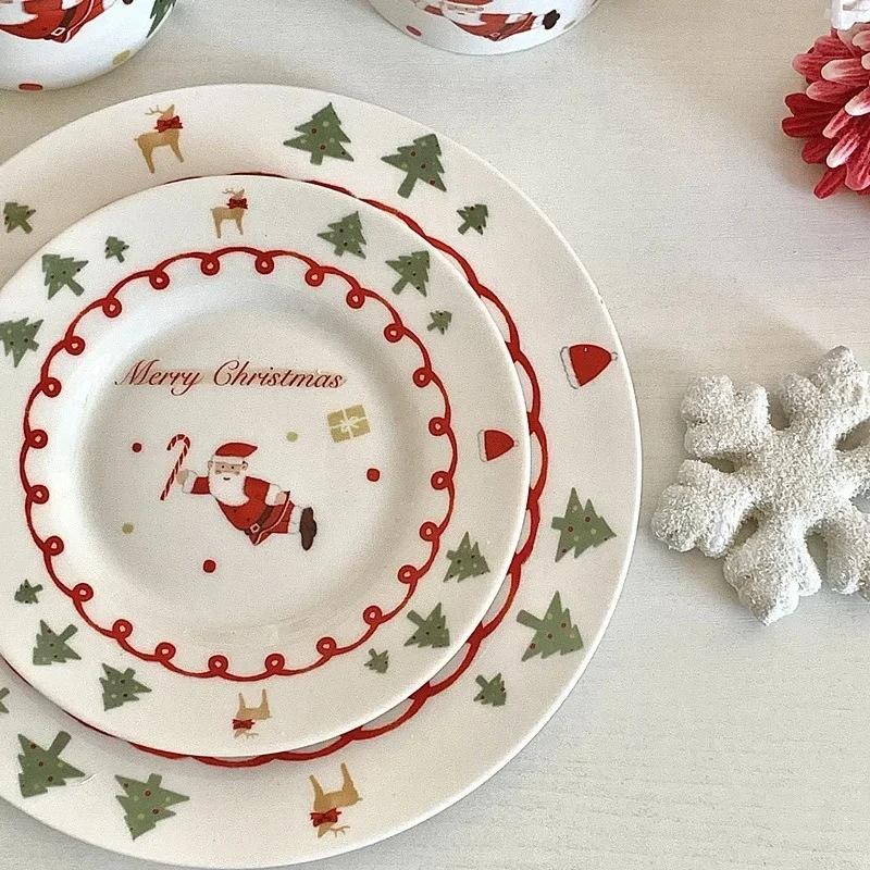 Christmas Ceramic Coffee Cup Saucer 8-inch Plate Hand-painted Cartoon Santa Claus Home Breakfast Milk Cup Fruit Dessert Plate