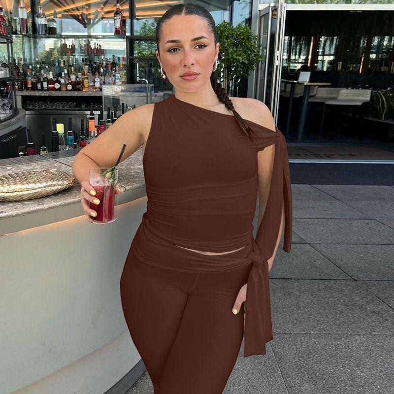 

Мода Большой Размер для Девушки Женская Одежда 2025 Лето Новая Мода Тонкий Плечо Топы на Шнуровке Однотонный Костюм с Шортами Brown 2XL