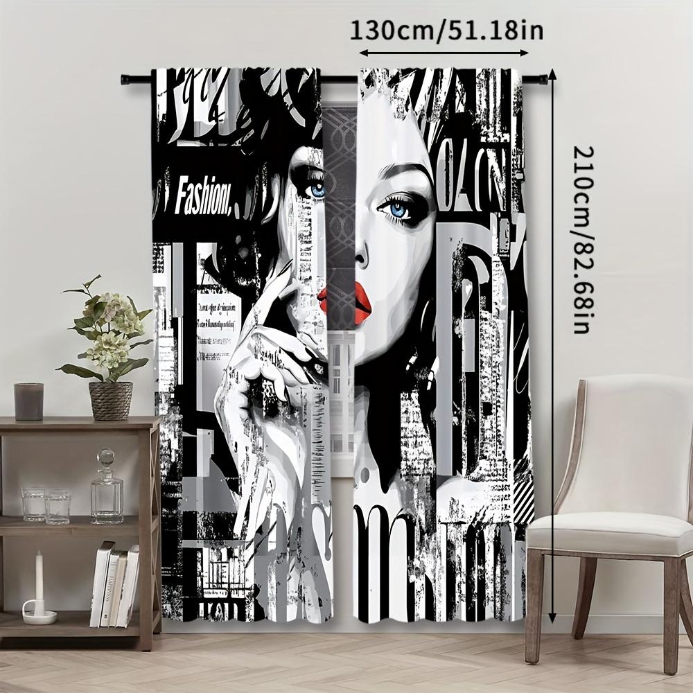 2pcs Fashion Woman Portrait Curtains Modern Art Print Blue Eyes Red Lips Abstract Design Polyester Window Drapes for Living Room