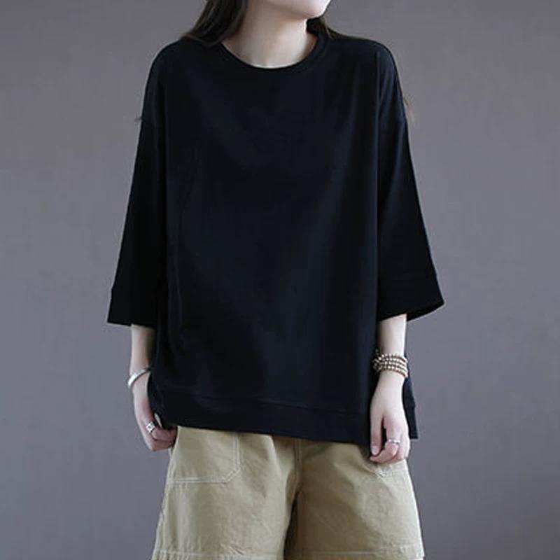 

Export Clearance 100% Cotton 3/4 Sleeve Fashion T-shirt Women Simple and Versatile round Neck Half Sleeve Split Top XXL чёрный