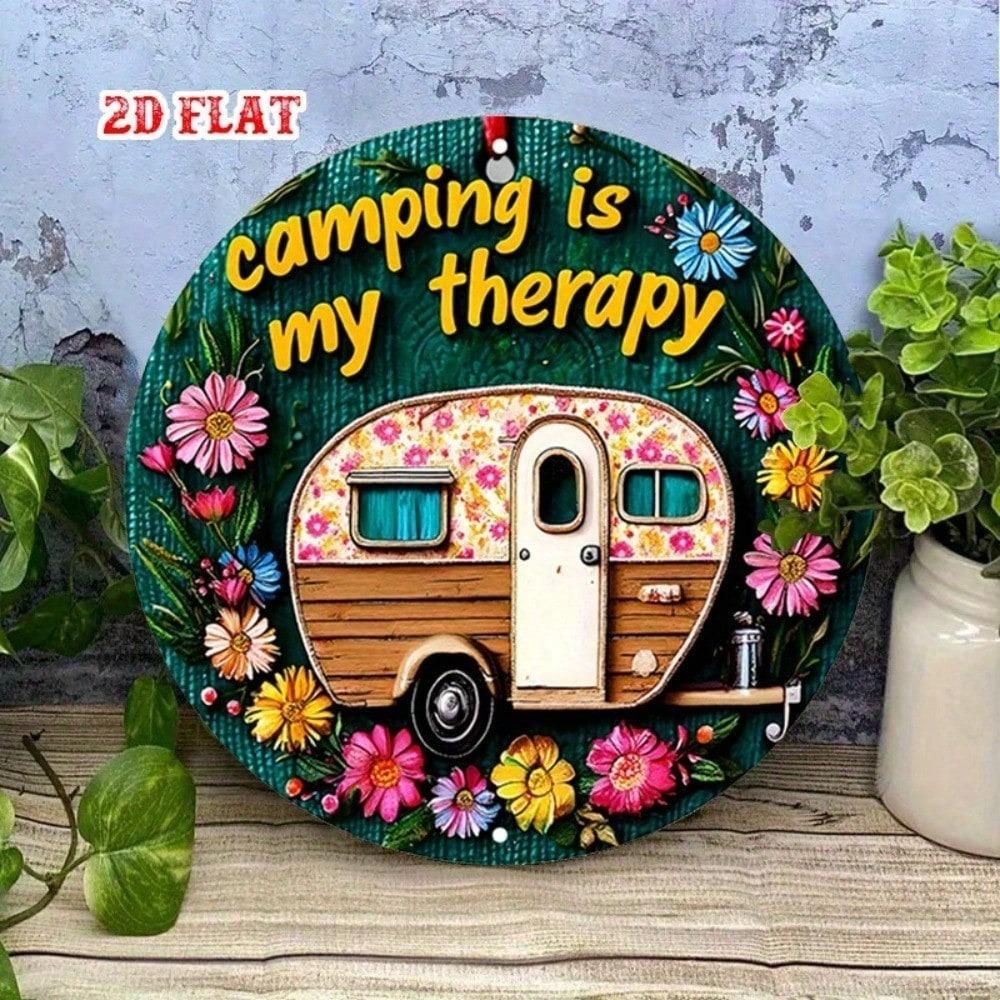 1pc Retro Camper Metal Sign Camping Is My Relaxation Round Wall Art Floral Design Vintage Aluminum Poster Home Living Room Bedroom