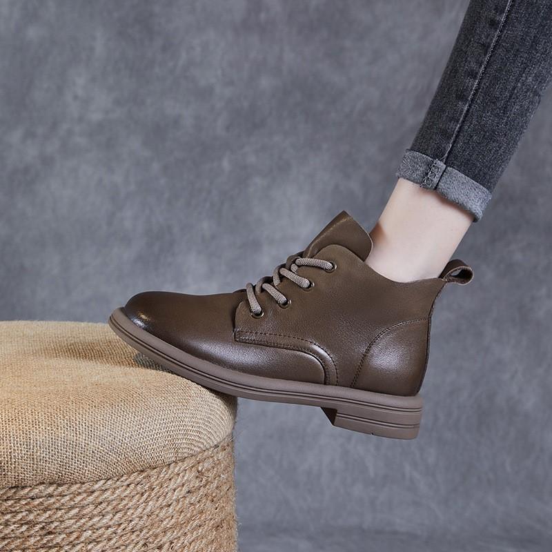 Johnature Botas de couro genuíno estilo britânico com cadarço e sola macia, botas curtas, sapatos femininos de cor sólida