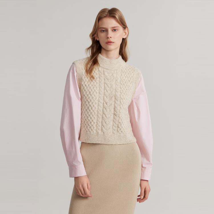 ELLE French Design Sleeveless Soft Round Neck Pullover Knit Vest Women tops Beige L7WZT113