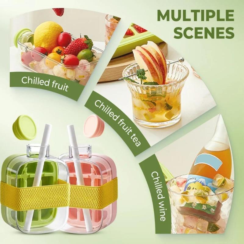 2 in 1 Ice Cube Bottle, Press Ice Cube Mold Water Bottle with Lid and Bin, Ice Bottle Cup, Easy Press To Release Ice Cube Tray