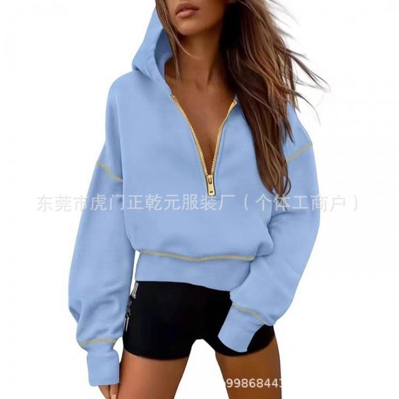 Womens Loose Fit Hooded Sweatshirt Casual Zip Up Solid Color Pullover