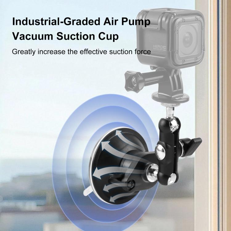 PULUZ Black Upgraded 1/4‑Inch Magic Arm Suction‑Cup Mount, 360° Dual Ball‑Head Vacuum Suction Bracket for Action Cameras