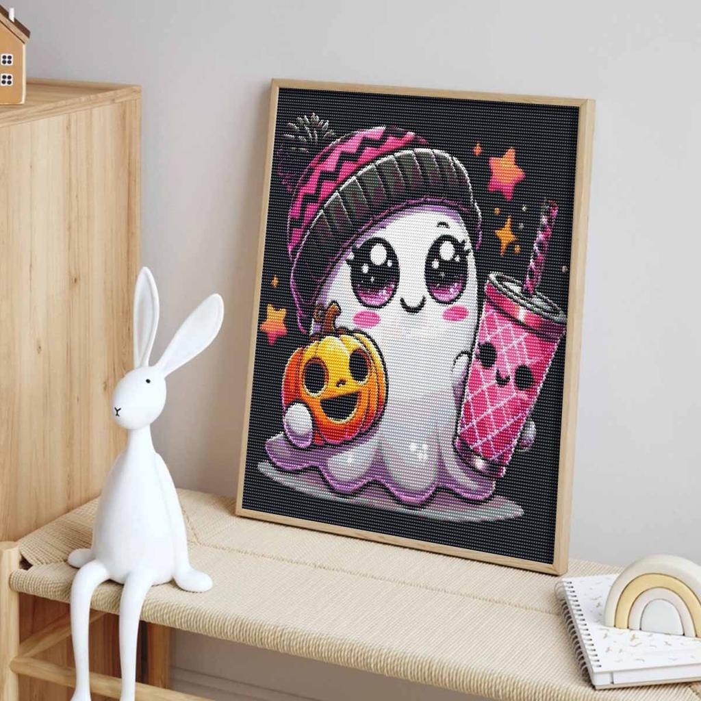 Cute Ghost Pumpkin Boba 5D Diamond Full Diamond Art Painting Kit Diamond Painting Home Decor Crafts Wall Art Pictures Decorations