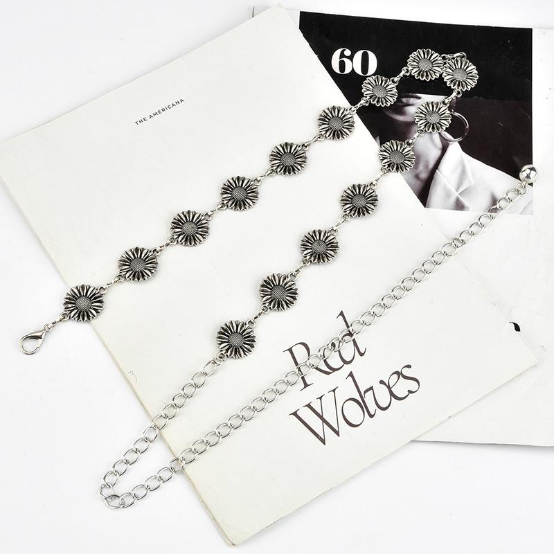 Retro Sunflower Metal Waist Chain Women's Personality Niche Versatile Dress Decorative Ancient Silver Belt Women