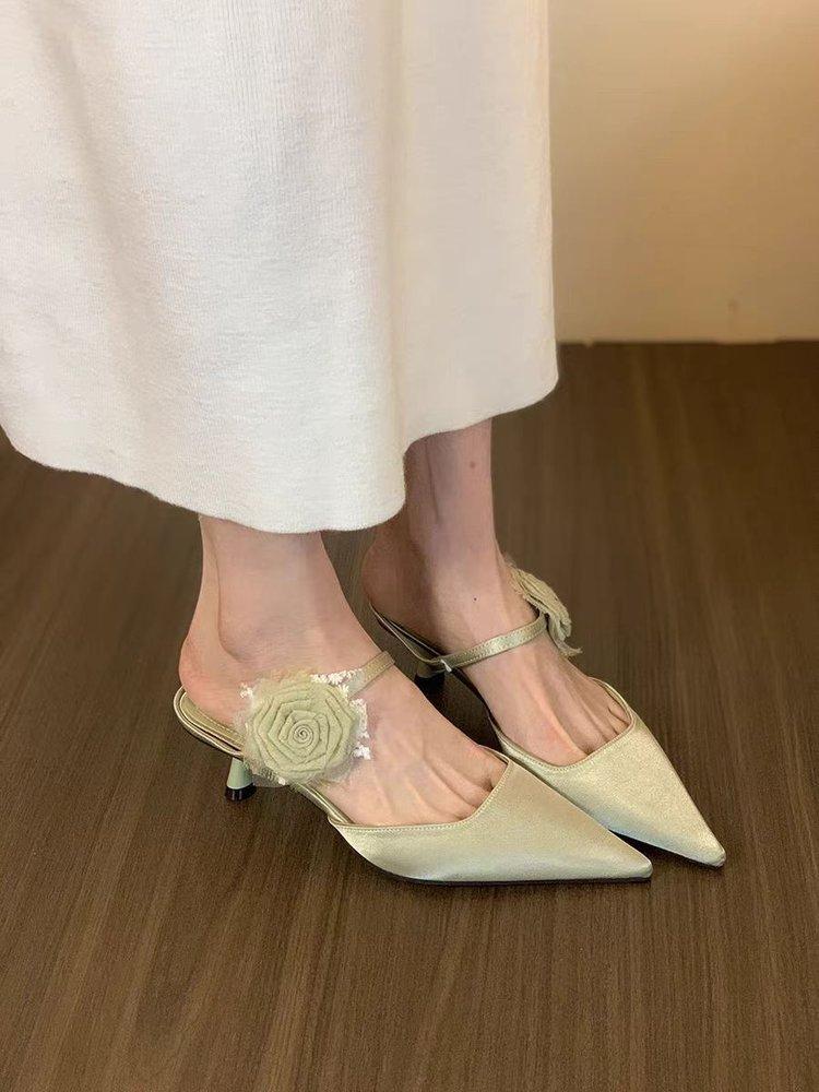 High-heeled New Chinese-style Flower Bag Head Half Slippers Women's Shoes 2025 New Spring and Summer Outer Wear Large-size Women's Shoes