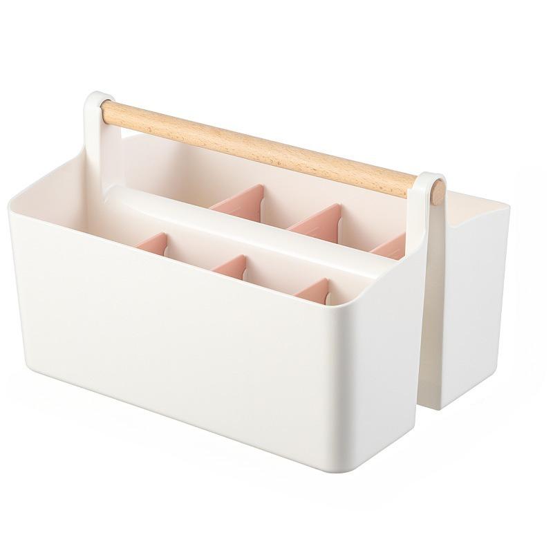 Desktop Compartment Storage Box Stationery Organizing Watercolor Brush Remote Control Storage Box with Wooden Handel