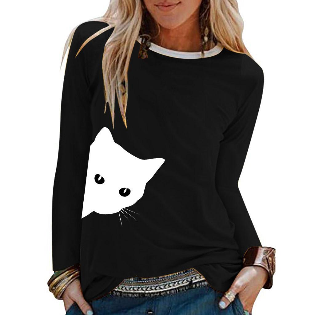 Womens Casual Cat Print Shirts  Long Sleeve Top Loose T-Shirt Blouse