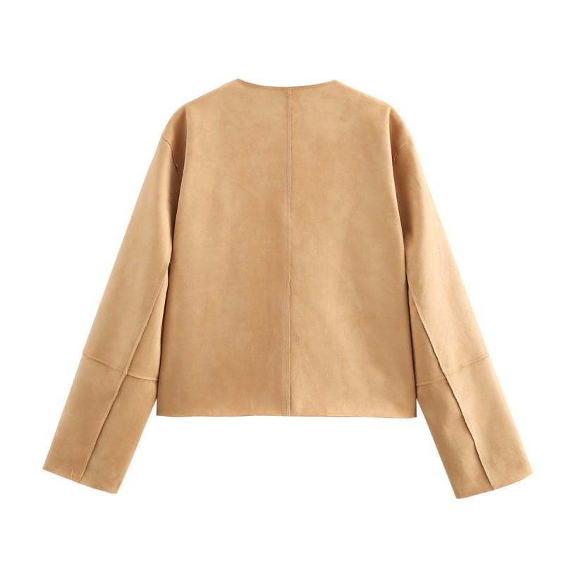 Womens Velvet-Texture Chic Short Jacket Coat In Khaki - Sweet Elegant Casual Outerwear Fall
