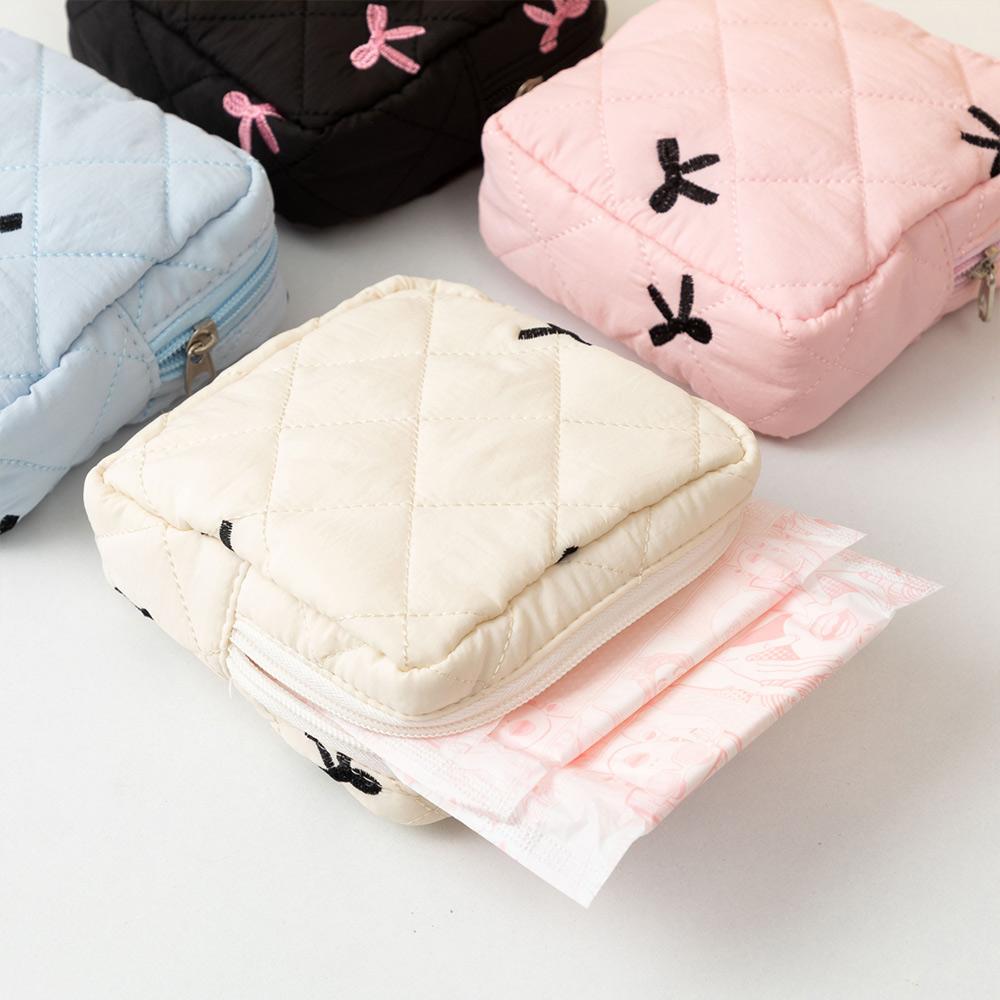 Gift Bow Sanitary Napkin Organizer Bag Quilted Coquette Women's Mini Clutch Bag Cotton Small Makeup Bag