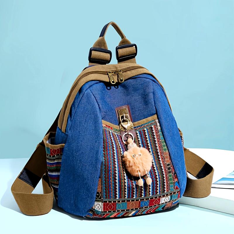 

Винтажный женский рюкзак в этническом стиле, повседневный рюкзак, подходит для шоппинга, путешествий и поставляется с небольшими аксессуарами. [Аксессуары случайные] синий
