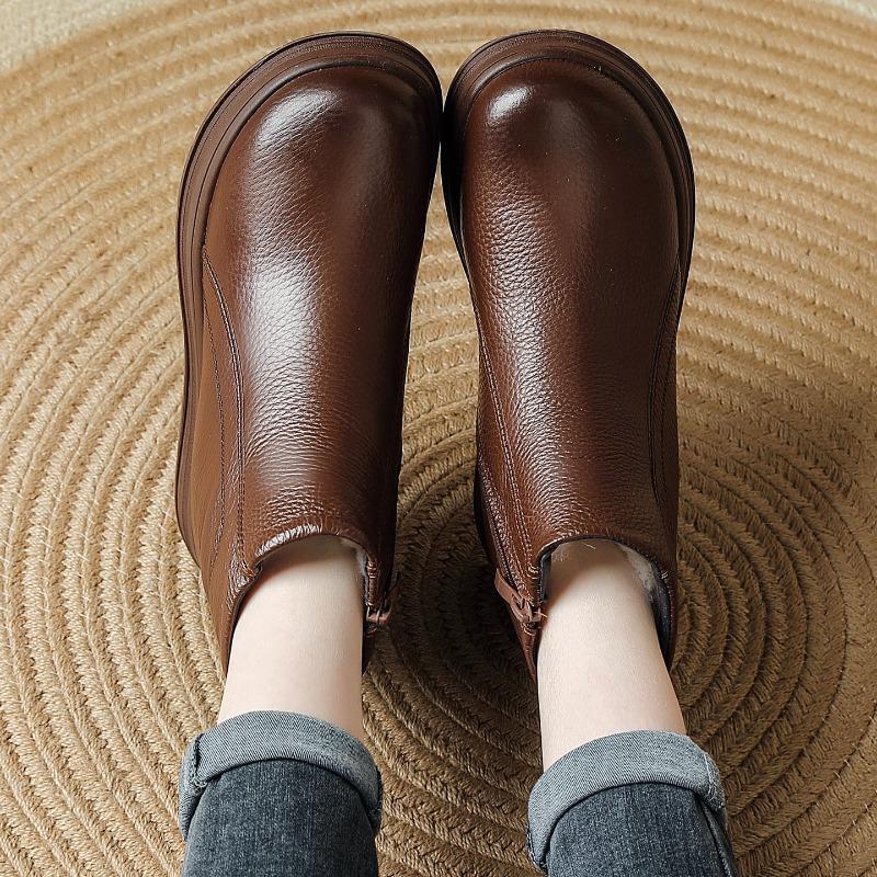 All Cowhide Wool Women's Boots Winter New Middle and Old Wedge Heel Mother Boots Retro Short Boots Platform Leather Cotton Shoes