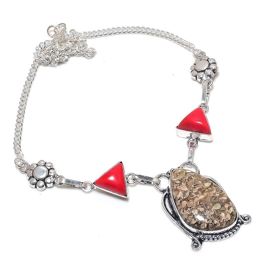 Natural Turritella Fossil, Coral 925 Sterling Silver Jewelry Necklace 18" R2q28